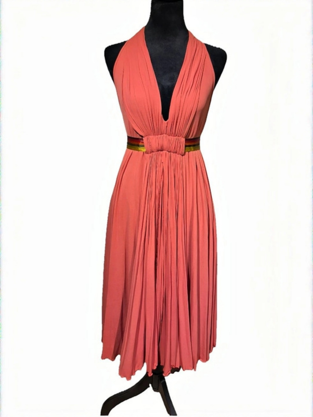 Y2K Max Azria Collection 100% Silk Chiffon Coral Pleated Halter Midi Dress S